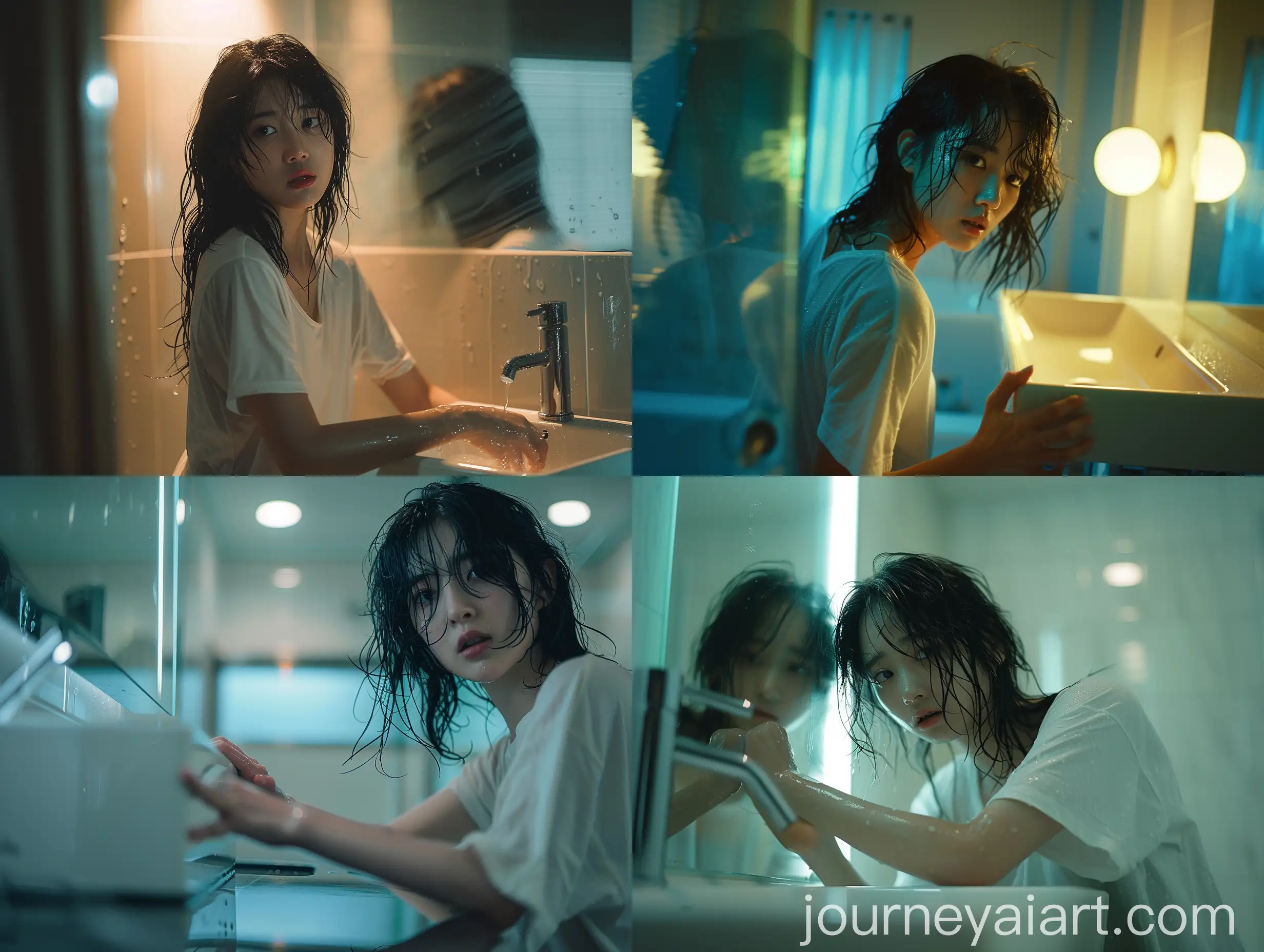 Young-Korean-Woman-Contemplating-in-Modern-Bathroom-with-Square-Sink
