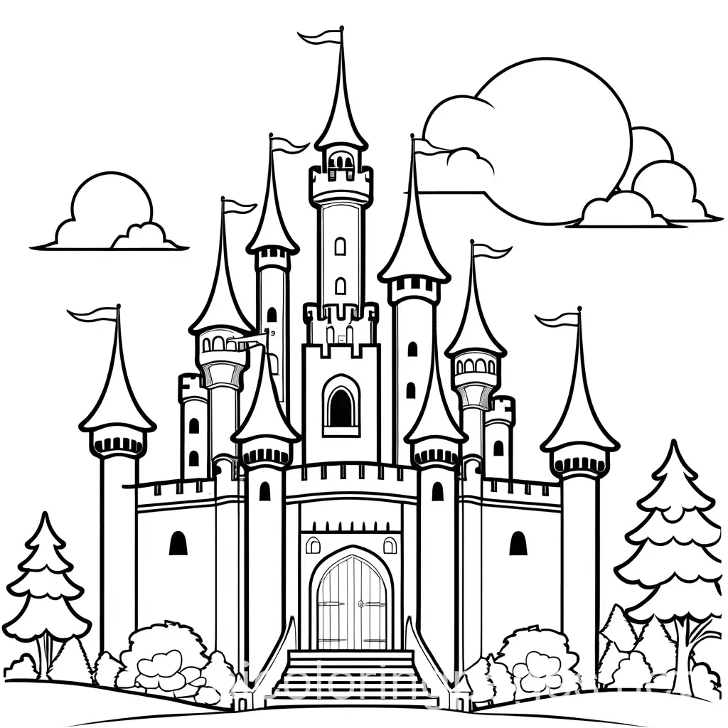 A fairy tale castle coloring page, very simple ,icon, easy, Coloring Page, black and white, line art, white background, Simplicity, Ample White Space. The background of the coloring page is plain white to make it easy for young children to color within the lines. The outlines of all the subjects are easy to distinguish, making it simple for kids to color without too much difficulty