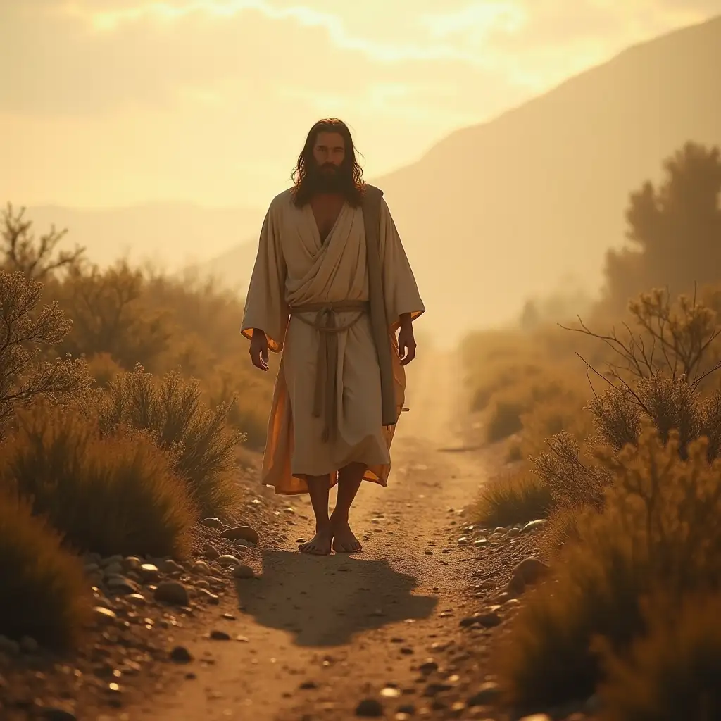 Image of famished, hungry, and thirsty, walking on a path from the wilderness, Jesus after fasting for 40 days