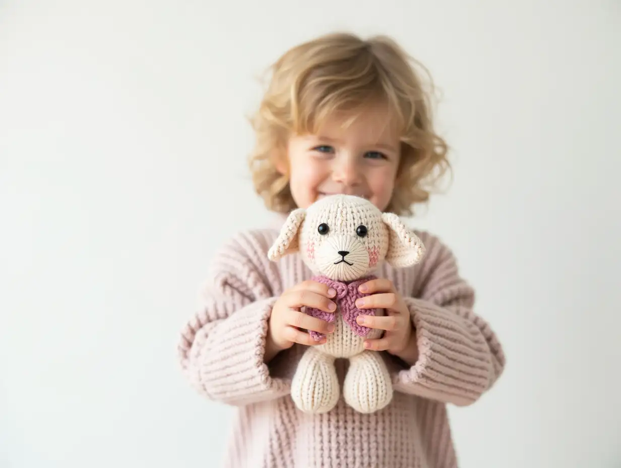 Cute little kid girl holding handmade knitted soft toy on white