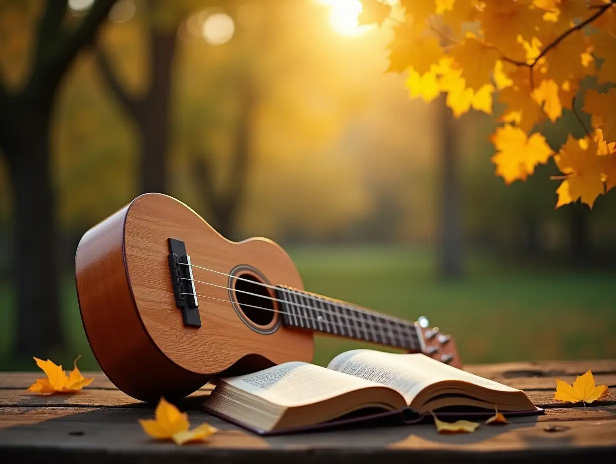 Wooden-Ukulele-and-Open-Book-on-Rustic-Wooden-Surface-with-Autumn-Leaves-and-Sunlight