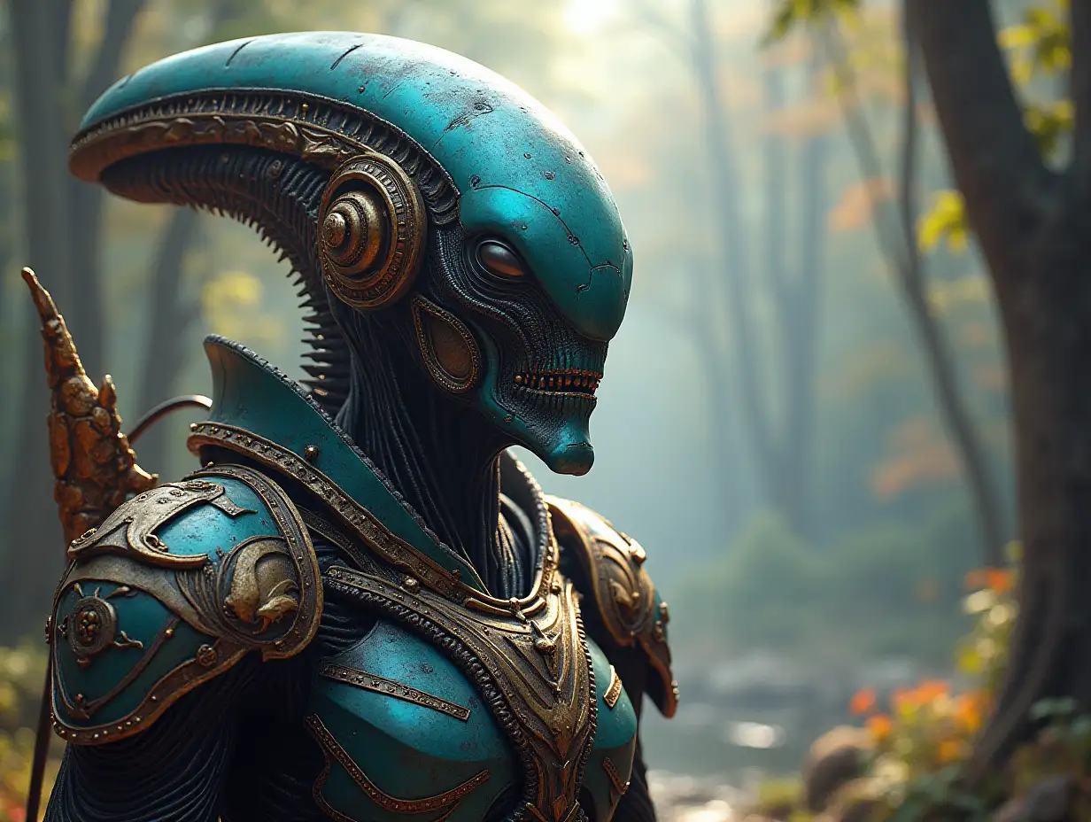 Hyperrealistic portrait of a gpanzerter metal alien king 10 meters tall with the intricately detailed, colorful forested planet background