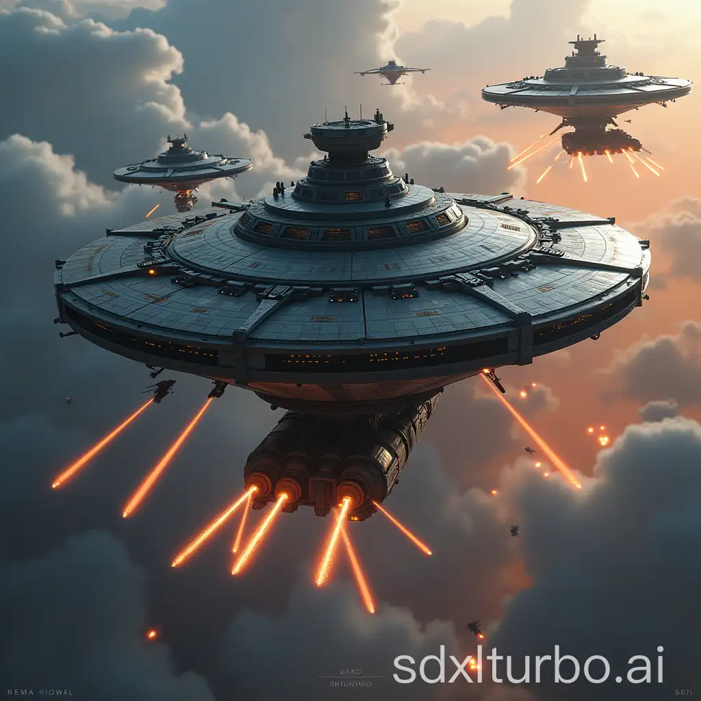 Large armored circular battle station with guns on gimbals launching crescent shaped starfighters into battle firing lasers.