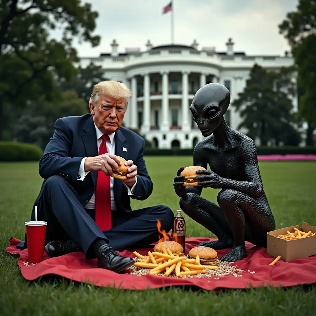 Trump sitting down and having McDonalds burgers ,fires and a diet coke with Aliens on the Whitehouse lawn, they are having fun