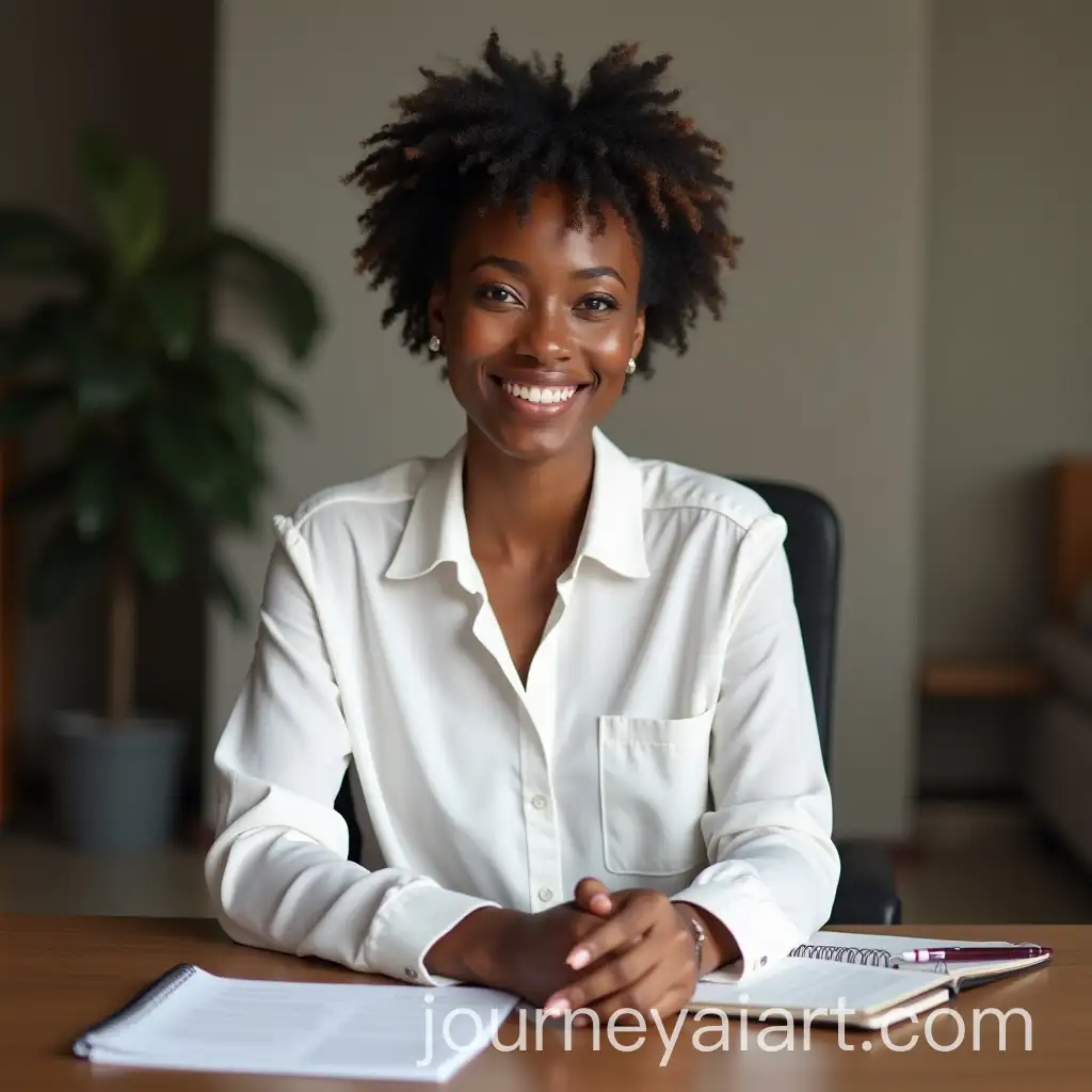 Black-Skinned-Female-Secretary-with-Magnificent-Smile-at-Desk-in-White-Blouse