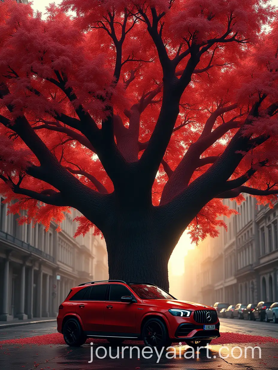 Ancient-Red-Tree-in-the-City-with-a-Sleek-Red-Mercedes-GClass-Under-Golden-Evening-Light