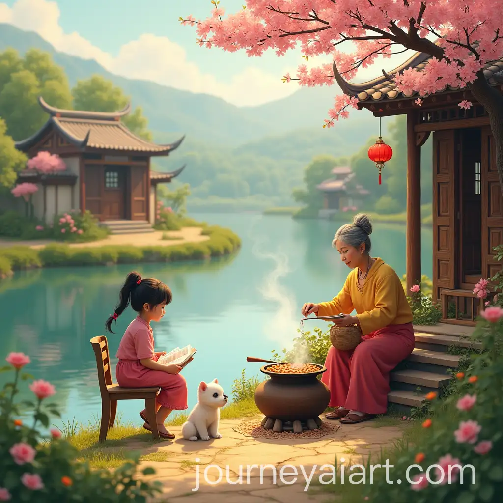 Peaceful-Riverside-Village-with-Traditional-Chinese-Houses-and-Rural-Life