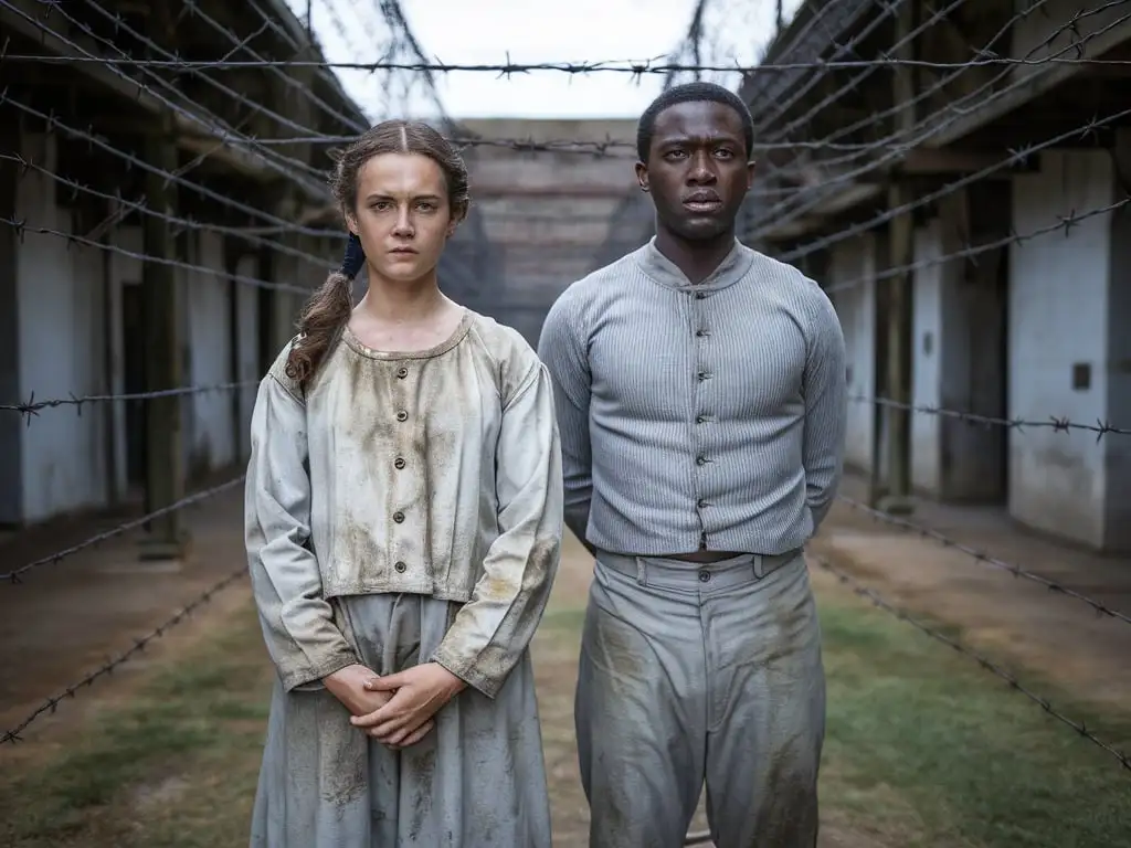 Prisoner Woman and Man in 1800s Texas Prison Yard