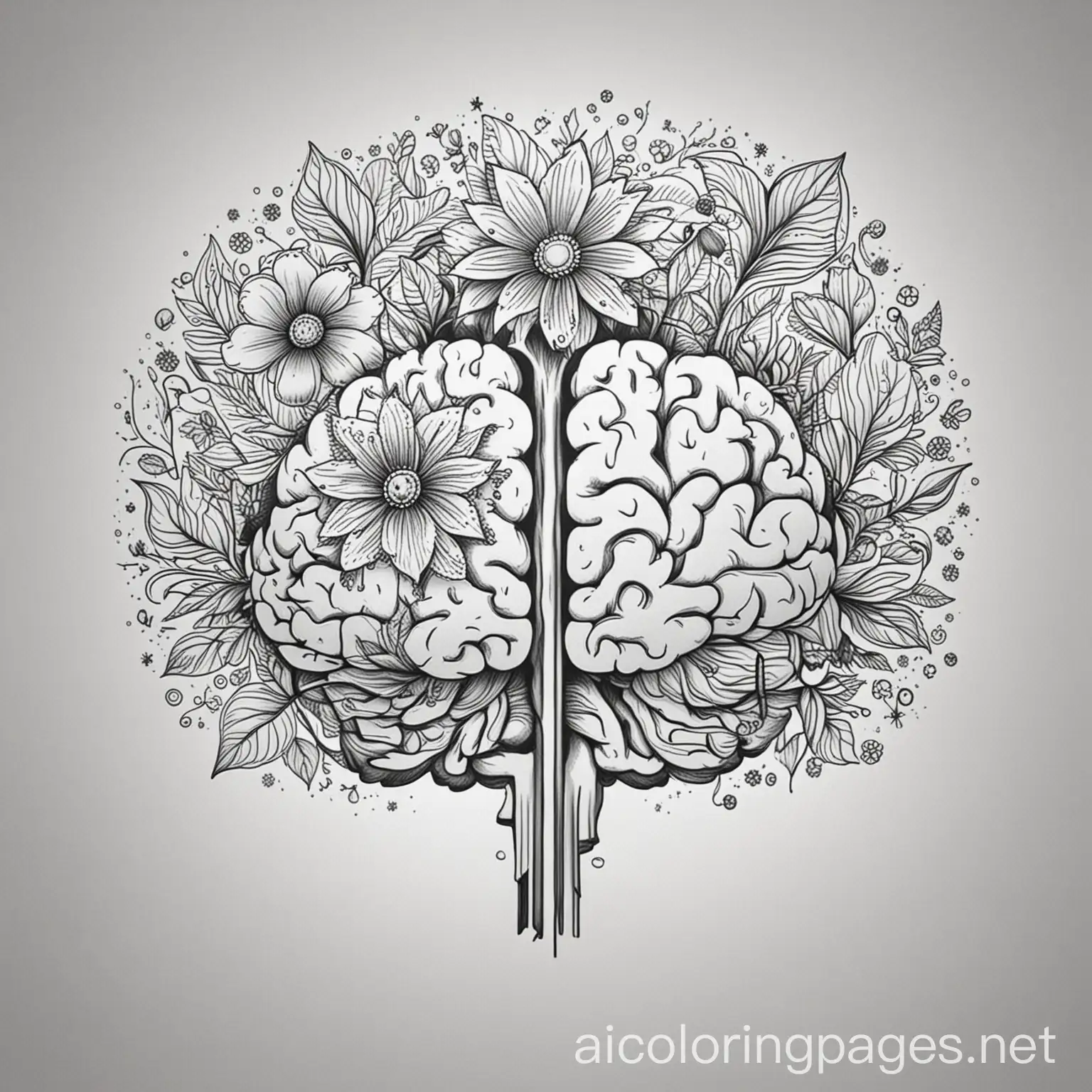 A brain with flowers growing out one half, Coloring Page, black and white, line art, white background, Simplicity, Ample White Space. The background of the coloring page is plain white to make it easy for young children to color within the lines. The outlines of all the subjects are easy to distinguish, making it simple for kids to color without too much difficulty