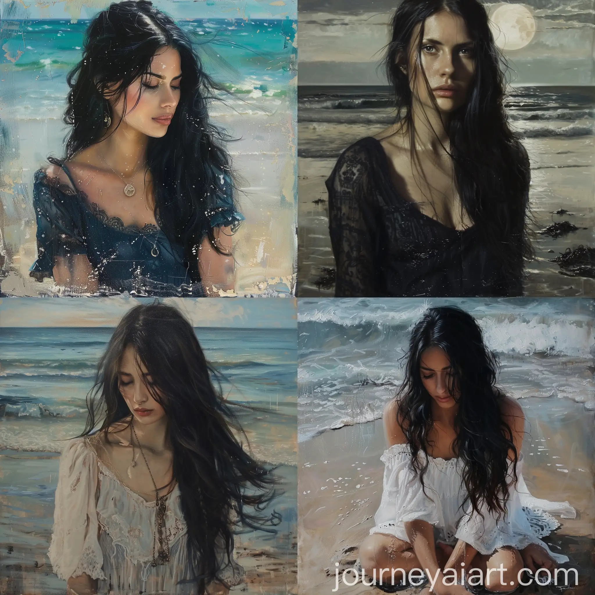 Woman-with-Long-Black-Hair-by-the-Seashore