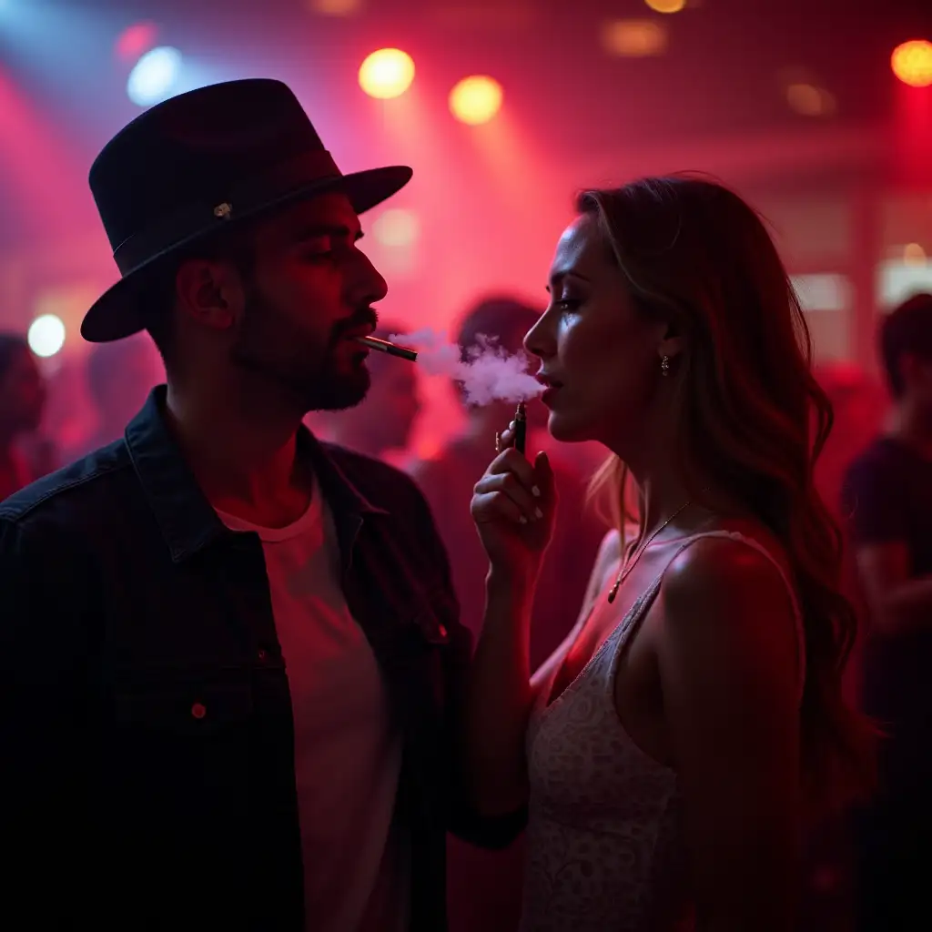 A man and a woman are dancing in a club while smoking e-cigarettes.