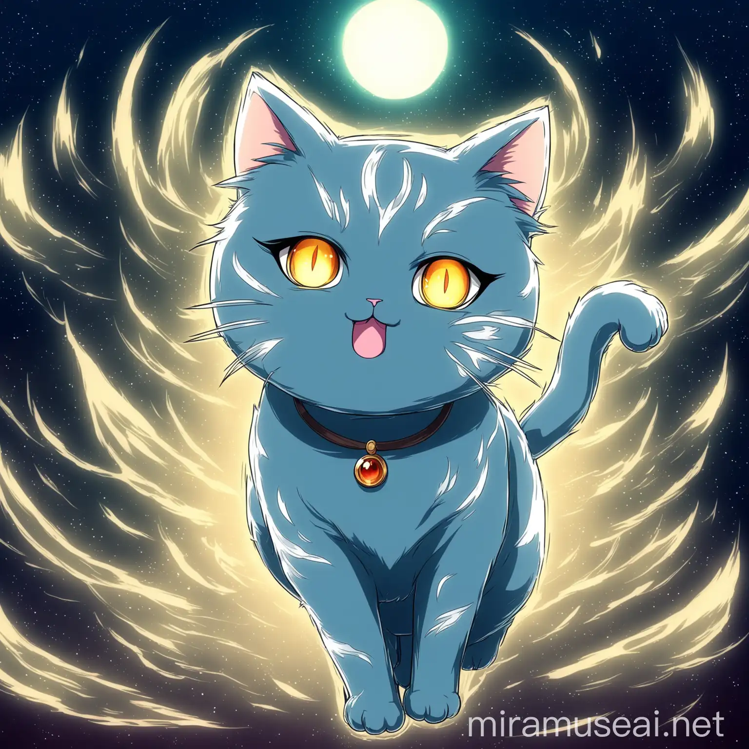 Mystical Anime Cat in Whimsical Fantasy Landscape