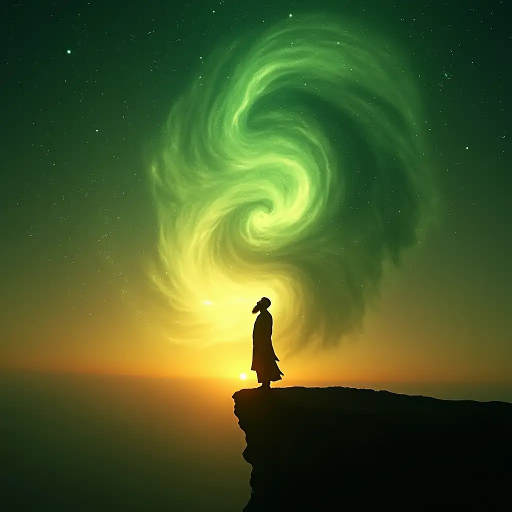 Create a striking image of a silhouette of a bearded man throat singing, standing on the edge of a cliff at sunset, with the vastness of the universe in the background. The man’s posture should be strong and grounded, as if channeling deep energy. The sky is filled with swirling cosmic elements and distant stars, blending seamlessly into the horizon. The scene should evoke a sense of connection between the earth and the cosmos, with the universe expanding beyond. Use green and gold as the prominent colors in the scene: the sunset should bathe the sky in warm golden hues, and the cosmic elements should have a rich, ethereal green glow, enhancing the sense of spiritual energy. The cliff and man should be silhouetted, emphasizing the powerful act of throat singing amidst the infinite universe. The overall mood should be one of deep, mystical connection, awe, and serenity.