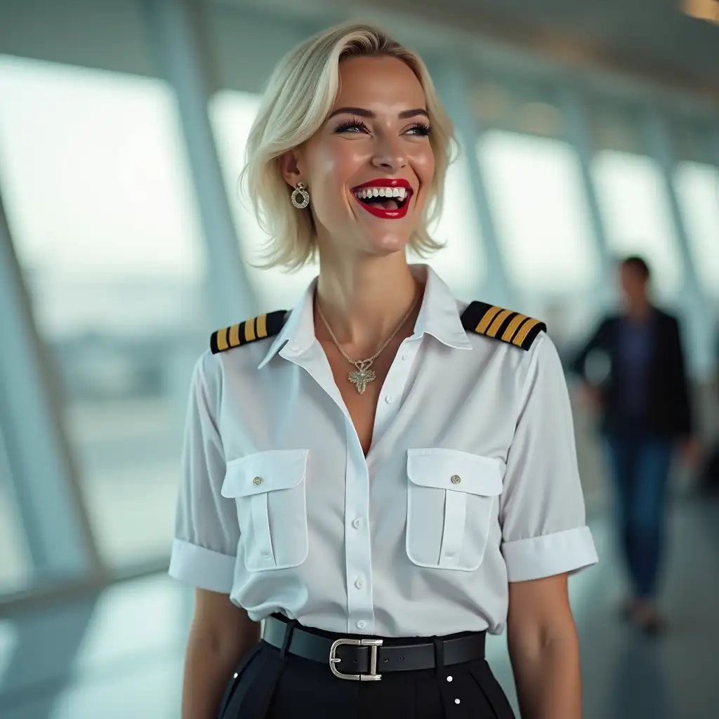 white norvegian pilot lady, in white unbuttoned pilot shirt, laughing with her mouth open, red lipstick accentuating her smile,belt on waist, big wide hips, chest are fully grown, jewerly, short hair, HD, enjoing at airport , photo-realism