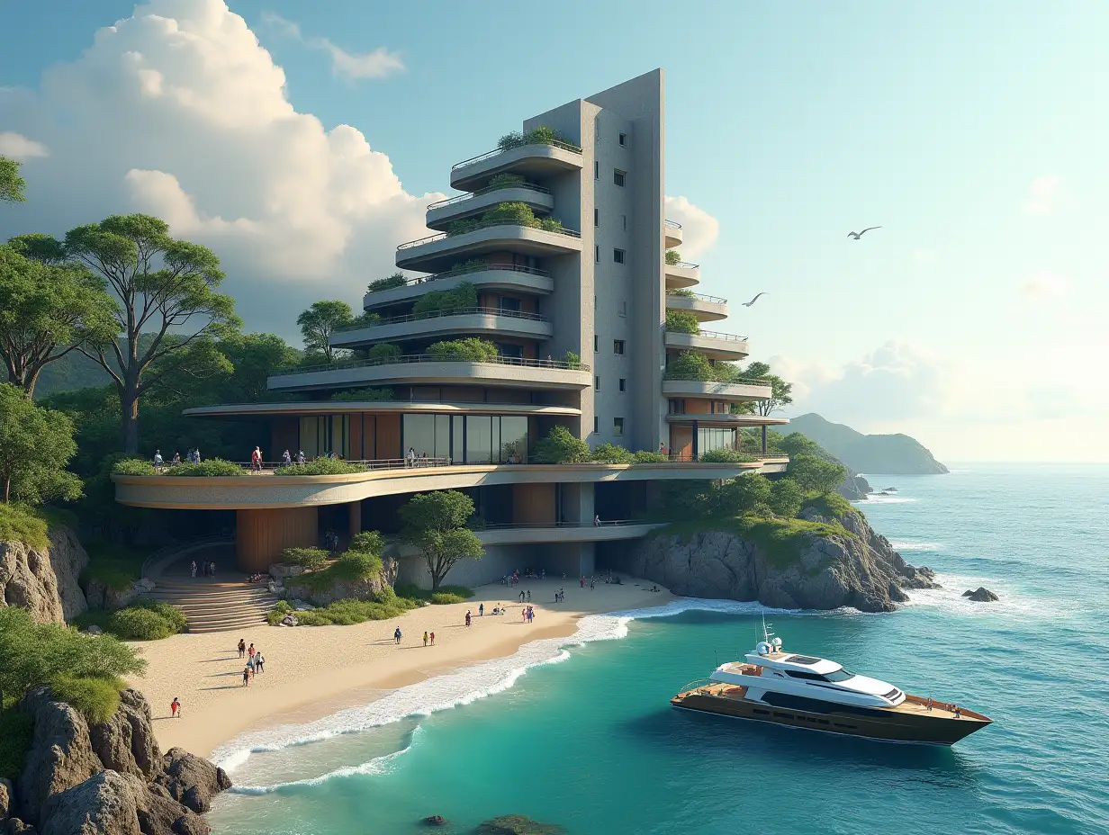 Create a high-resolution, realistic panorama image of a futuristic terrace building with window pyramid house with bridge, a yacht and a small boat beach with people, many plants and grey and brown facades with sea with waves, big trees, black clouds