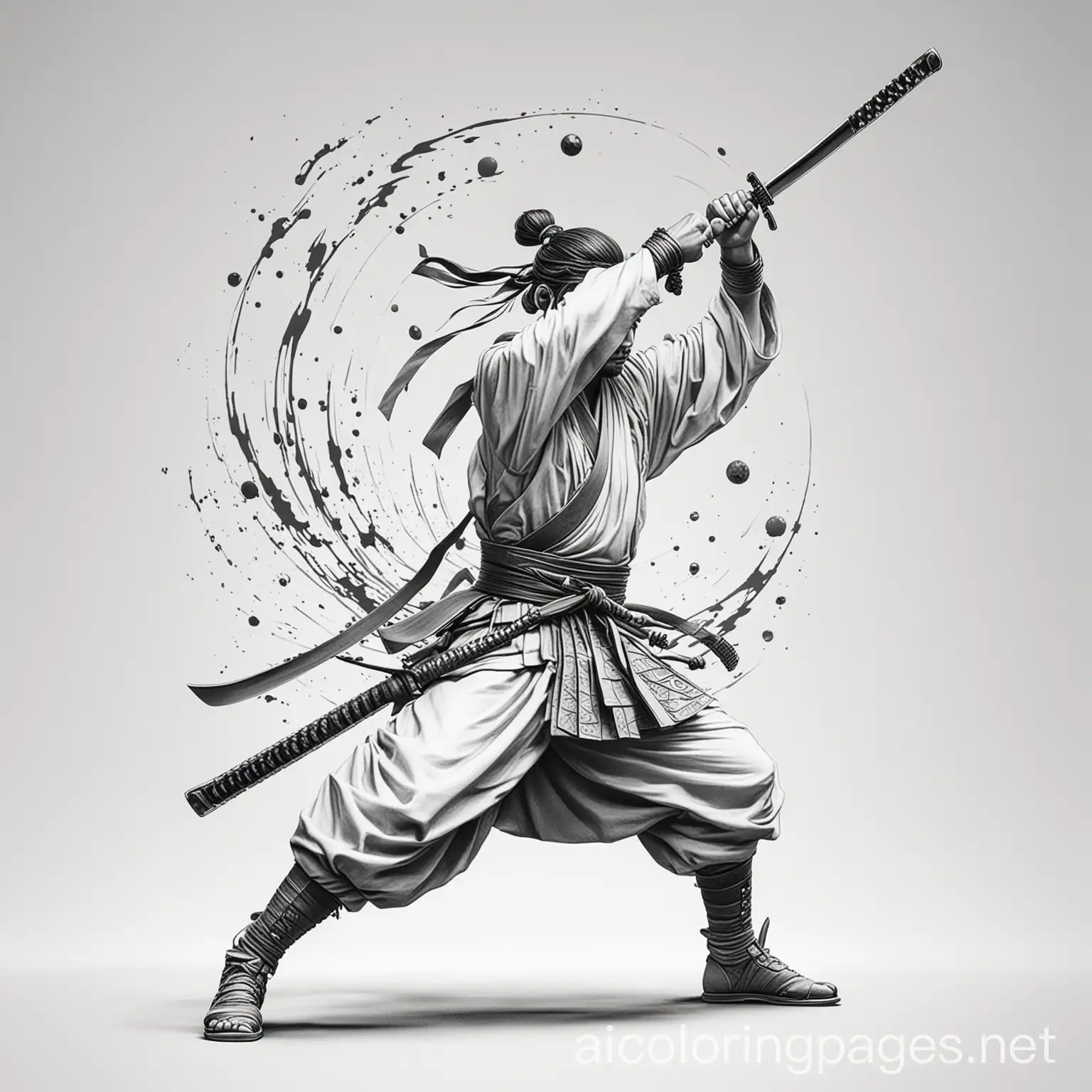 samurai with katana slashing fruit in mid air coloring page, Coloring Page, black and white, line art, white background, Simplicity, Ample White Space. The background of the coloring page is plain white to make it easy for young children to color within the lines. The outlines of all the subjects are easy to distinguish, making it simple for kids to color without too much difficulty