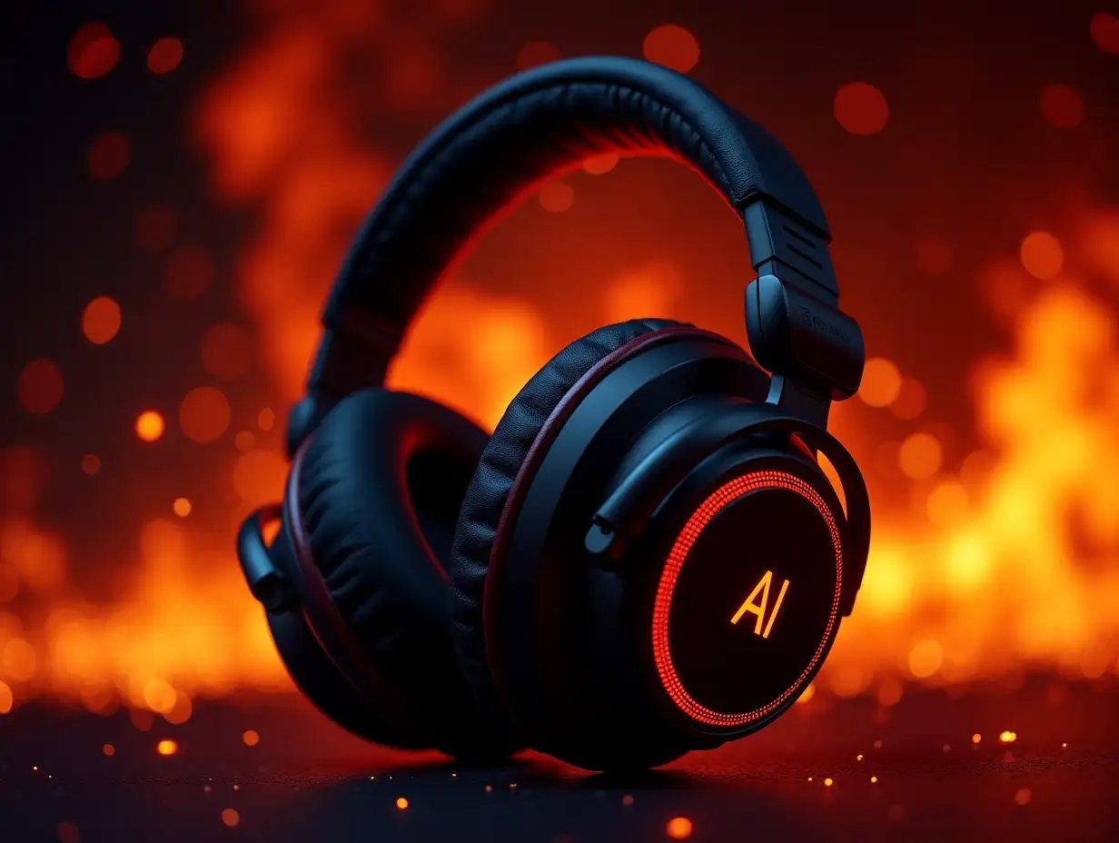 High-end headphones with a backdrop of fire and sparks, dramatic lighting, high-contrast, bold and intense, powerful product shot, in the middle a text bols font with AI colors degraded: ' AI Music #baghzaf'