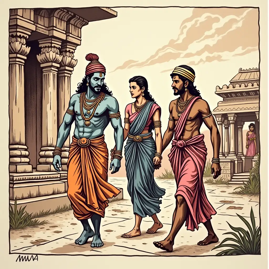 IN BLOCK PRINT STYLE, Lord Rama,Lord godess Sita, Lord Lakshmana leaving Kingdom Ayodhya for their 14-year exile, Background a Kingdom with old sculptures