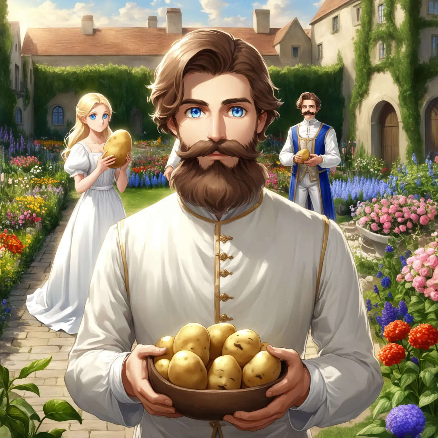 Aristocratic-Alchemist-Surprised-by-Potato-with-Blonde-Girl-in-Flower-Garden