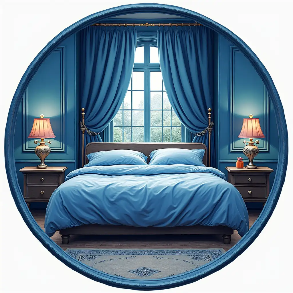 A round icon with a predominance of blue color on which a beautiful double bed is depicted