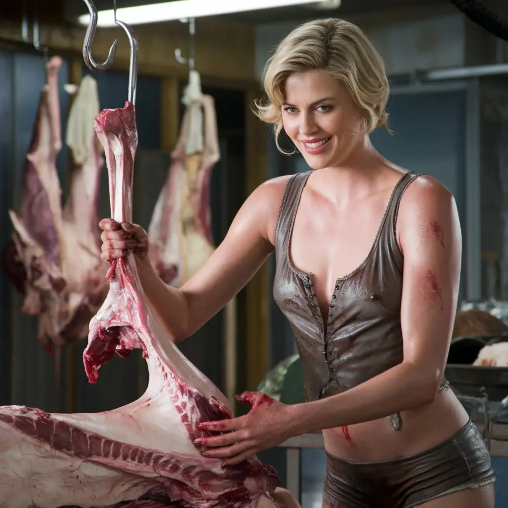 Charlize-Theron-with-Seductive-Smile-Carving-Human-Body-in-Grimy-Sleeveless-TShirt-and-Mini-Shorts