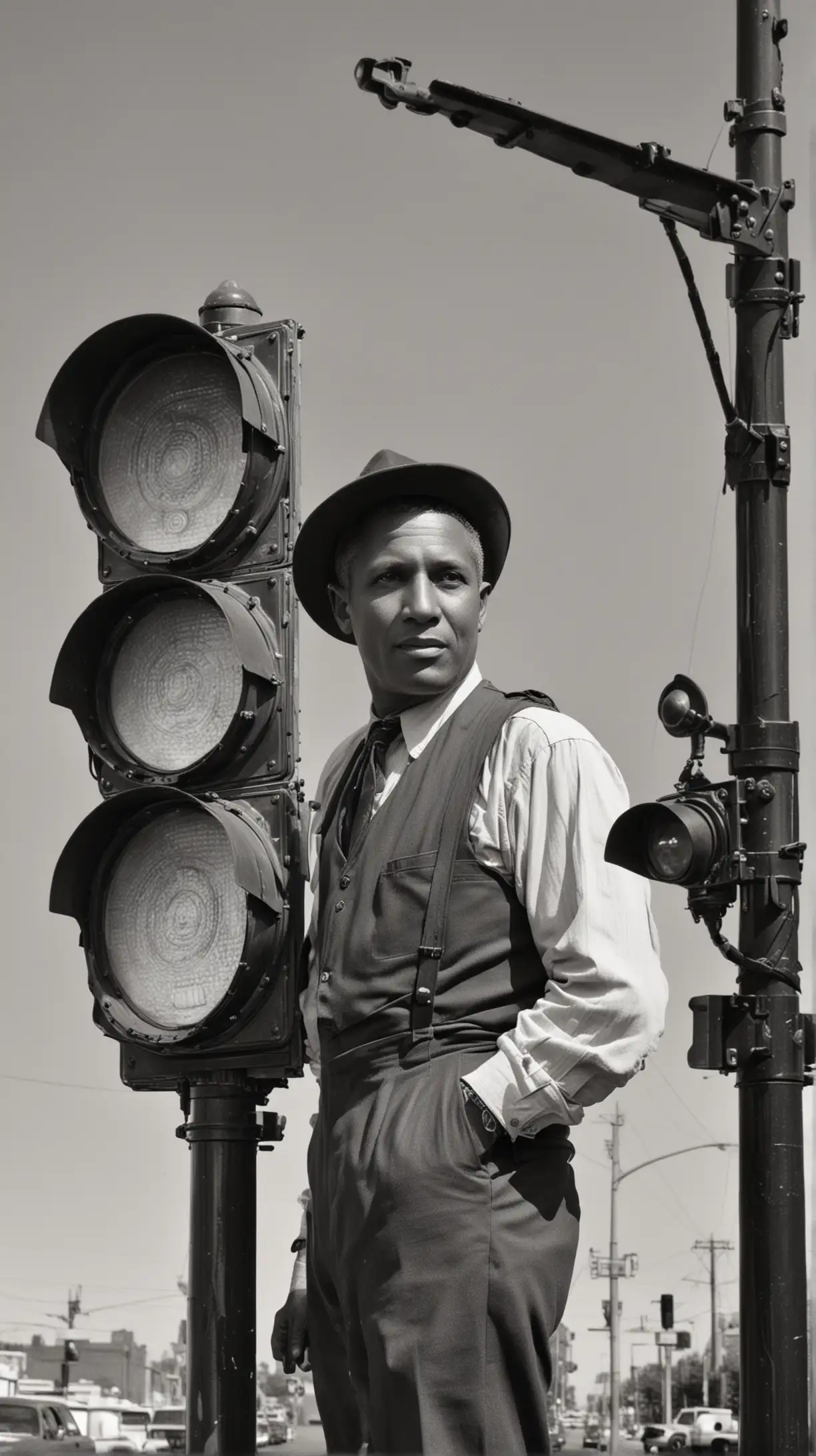 Handsome Garrett Morgan in Front of ThreeWay Traffic Signal