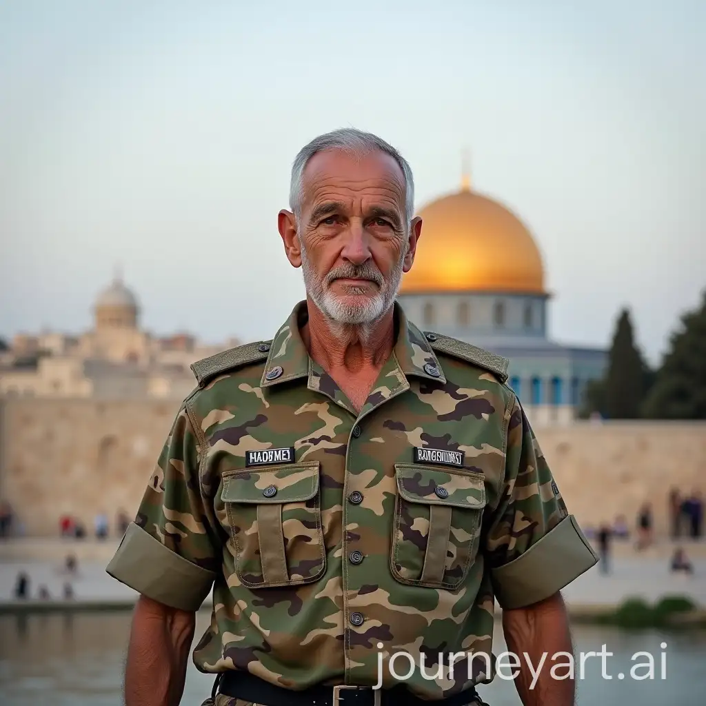 Old-Soldier-in-Camouflage-Shirt-with-Dome-of-the-Rock-in-Palestine-Background