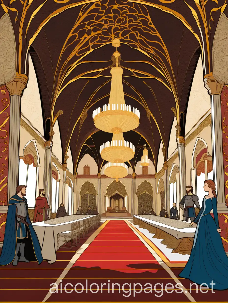 Medieval-Castle-Banquet-Hall-Coloring-Page-with-Seraphina-Princess-Isabella-and-Knight-Arthur-Exploring-Hidden-Passage