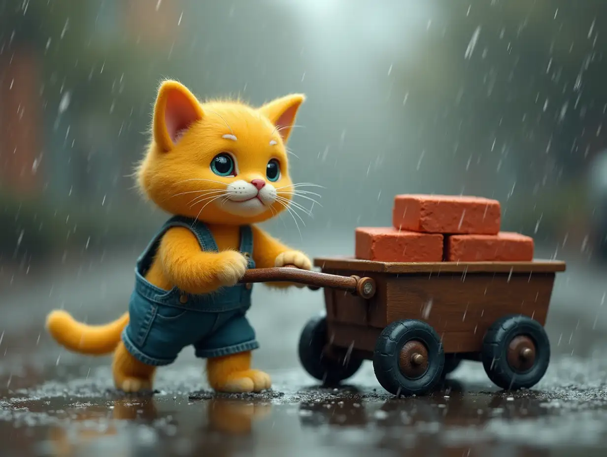 A yellow cat with overalls pulling a cart with bricks in a rainy day