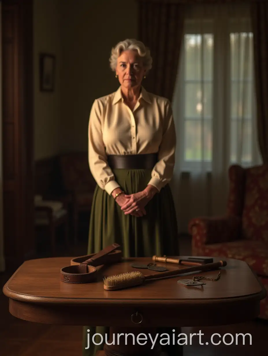Older-Woman-in-Country-Living-Room-with-Discipline-Tools-on-Wooden-Table