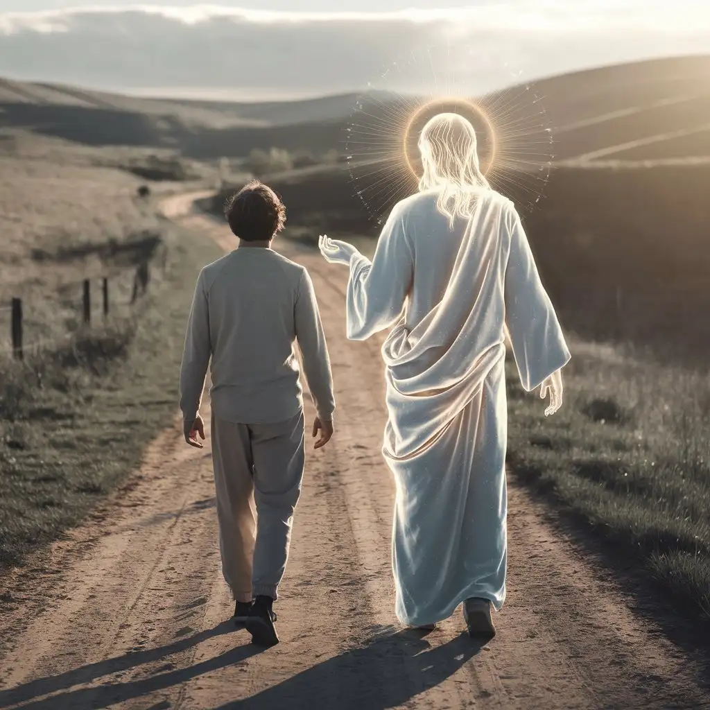 Create an image of a person walking on a journey through a serene, open landscape. The person is wearing simple, comfortable clothing, their posture steady and determined, symbolizing perseverance. Walking alongside them is a glowing, ethereal spirit of Jesus, with a soft, heavenly light radiating from His presence. The spirit of Jesus appears gentle and guiding, with His hand slightly extended toward the person, offering comfort and direction. The background should include a wide path leading through rolling hills or a tranquil valley, with soft sunlight breaking through the clouds, casting a warm glow over the scene. The atmosphere should evoke peace, hope, and spiritual companionship on the journey.