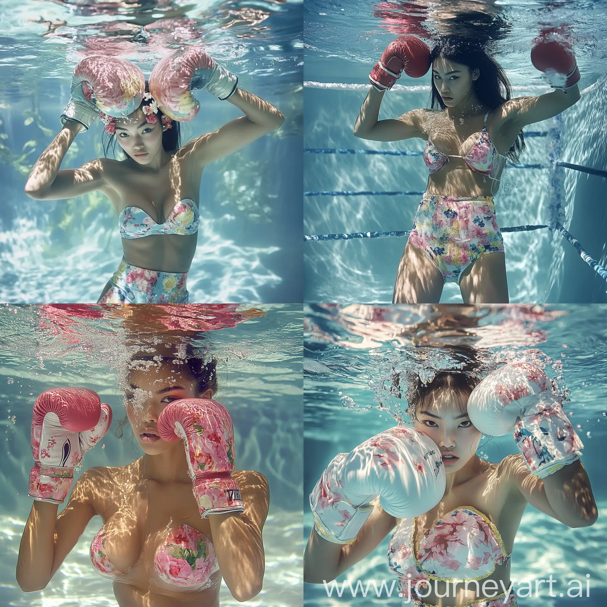 Asian-Supermodel-Wearing-Louise-Misha-Floral-Print-Boxer-in-Surreal-Underwater-Boxing-Ring