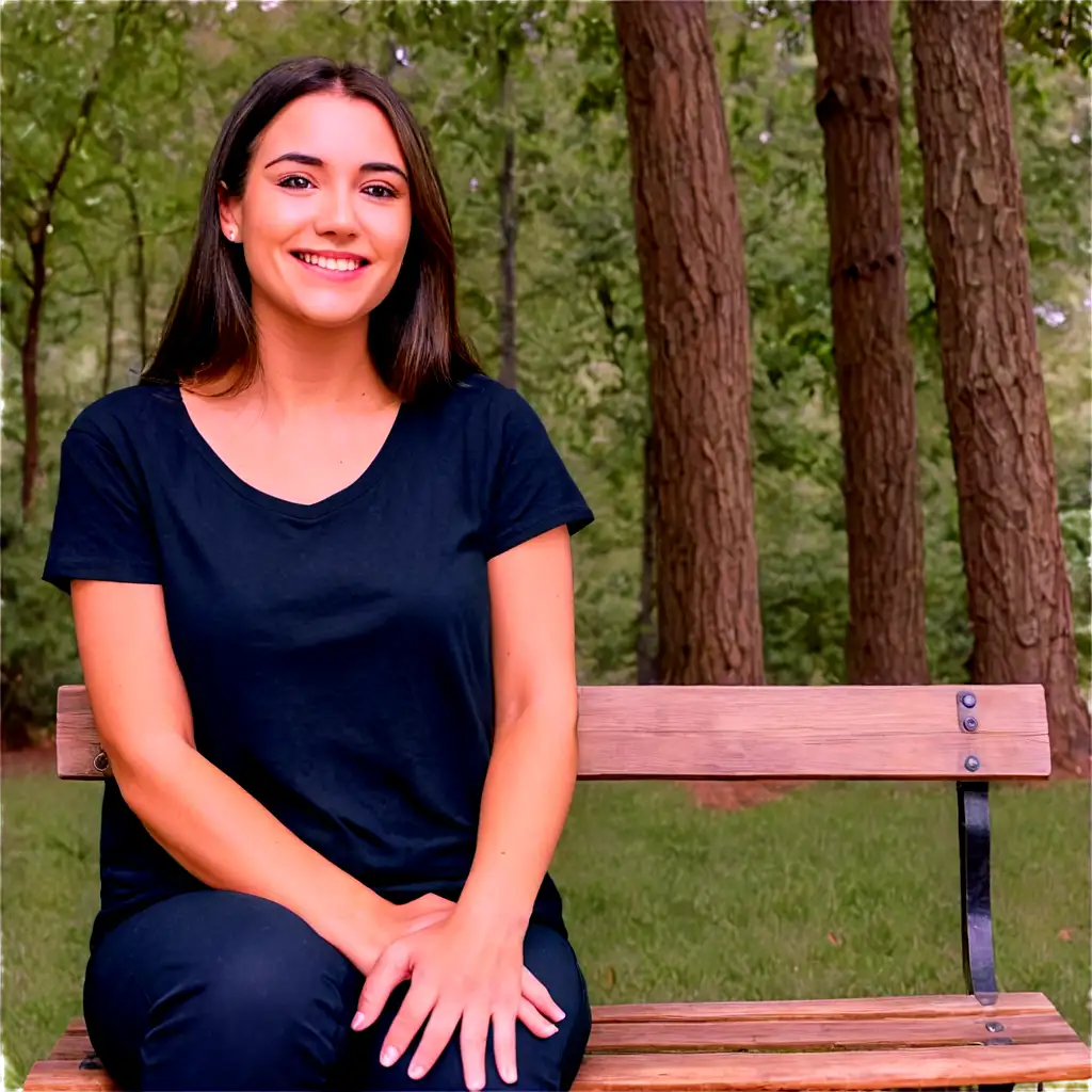 Smiling-Woman-in-Black-Tshirt-Sitting-on-Wooden-Park-Bench-PNG-Image-for-Versatile-Use