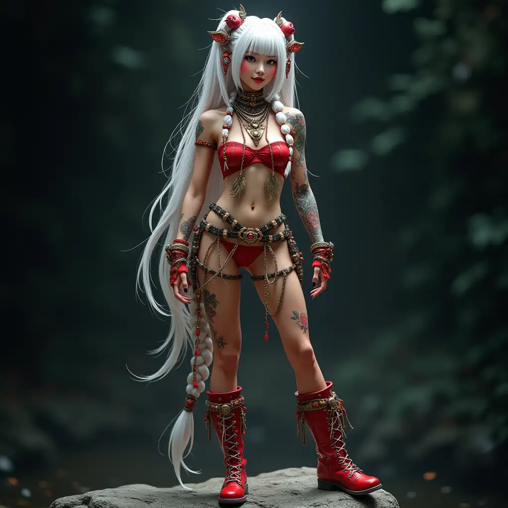 user_prompt: A photorealistic depiction of a beautiful Asian woman with a smile on her face-tattoo, futuristic long white hair with red braided hair and laced boots, standing on a rock with intricately detailed, colorful and futuristic jewelry against a black blurred background 120mm shot