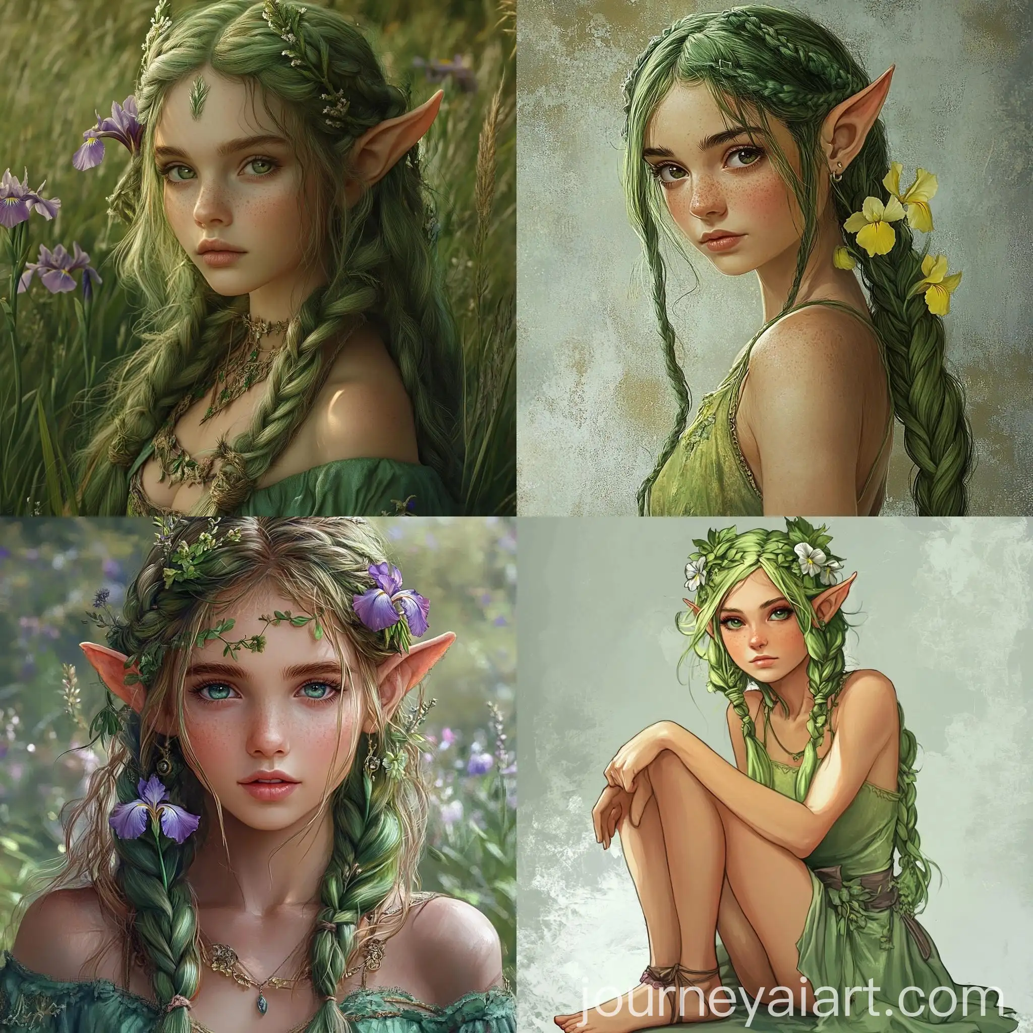 Teenage-Greek-Goddess-with-Elf-Ears-and-Green-Hair-Braided-Irises-in-Hair