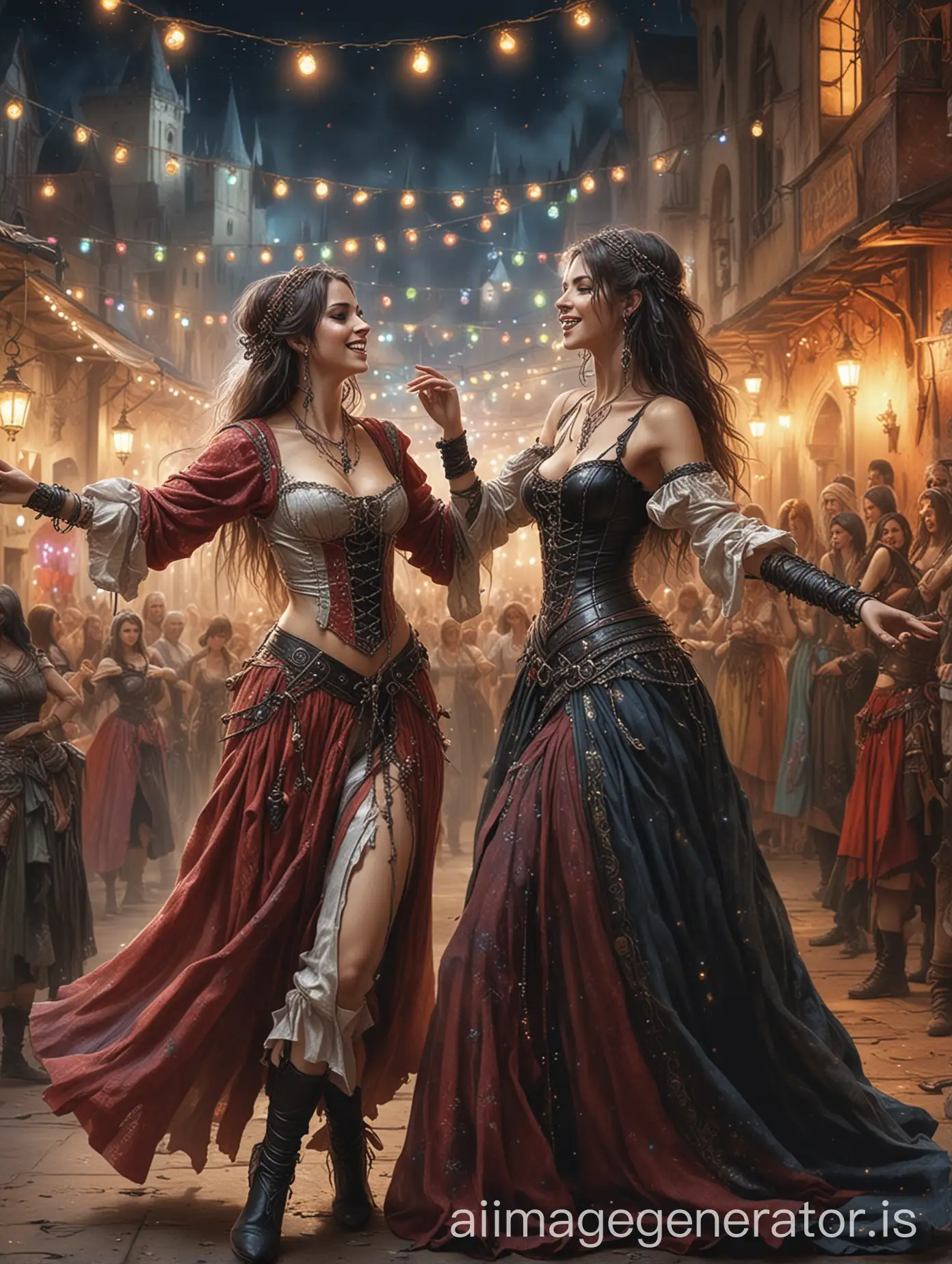 luis royo art style, Two women dancing and enjoying live music at a festival, wearing medieval clothes, surrounded by colorful lights and a lively crowd, with joyful expressions and a sense of freedom