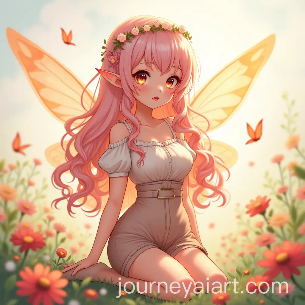 Fairy-with-Pastel-Pink-Hair-in-a-Flower-Field-Surrounded-by-Butterflies