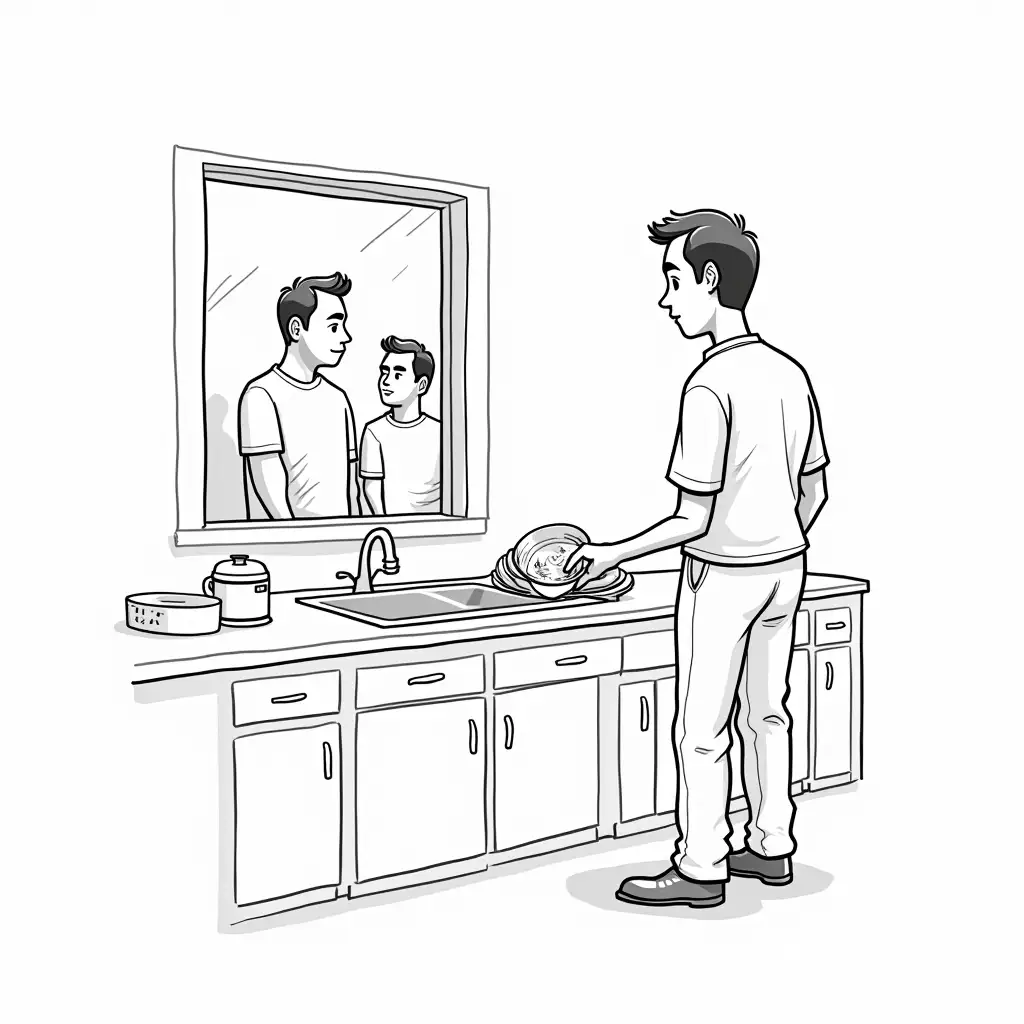 Man-Washing-Dishes-While-Observing-Two-Men-Outside