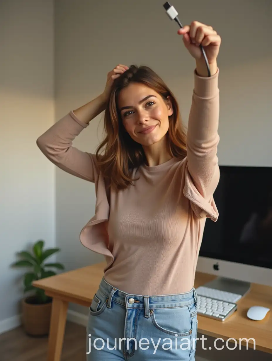 Confident-Woman-Holding-USBC-Cable-in-Modern-Living-Room-with-iMac