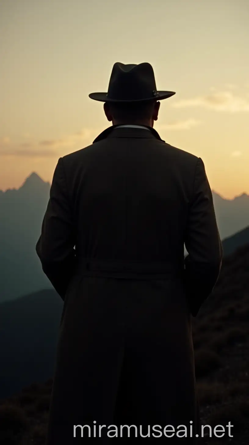 Mysterious Silhouette in Trench Coat and Fedora Hat at Sunset