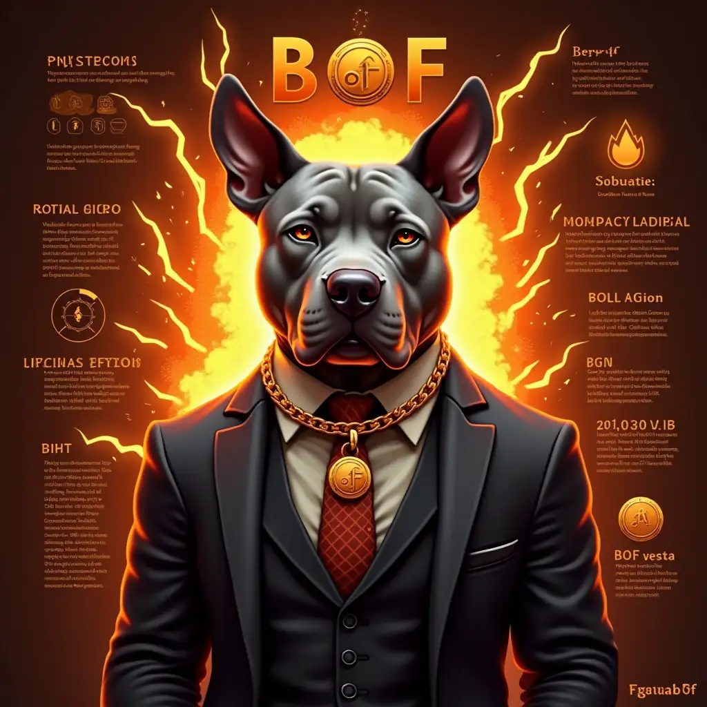 Create an infographic about the future plans of the BOF crypto project. The central focus is a grey muscular pit bull wearing a suit, adorned with a gold chain featuring the inscription 'BOF', and its ears are perked up. The overall color scheme of the infographic should be fiery orange, with lightning explosions and other special effects incorporated throughout. Surrounding the pit bull, include detailed information about the project to enhance the visual appeal