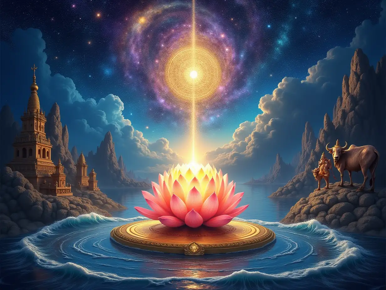 An ethereal cosmic scene depicting the concept of creation and spirituality, with a central glowing lotus flower on a golden pedestal surrounded by waves. Above, a vibrant universe unfolds with galaxies, planets, stars, and nebulae in rich, vivid colors like blue, purple, and gold. To the sides, Hindu deities in divine poses, temples, and cosmic symbols are integrated into the composition. A serene cow stands on the right, symbolizing purity, while a mesmerizing mandala radiates light at the center. The overall atmosphere is mystical and awe-inspiring, blending spiritual and cosmic elements seamlessly