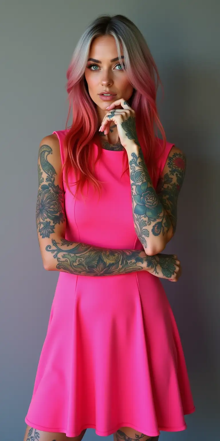 Stylish 35YearOld Woman in Neon Pink Dress with Colorful Tattoos