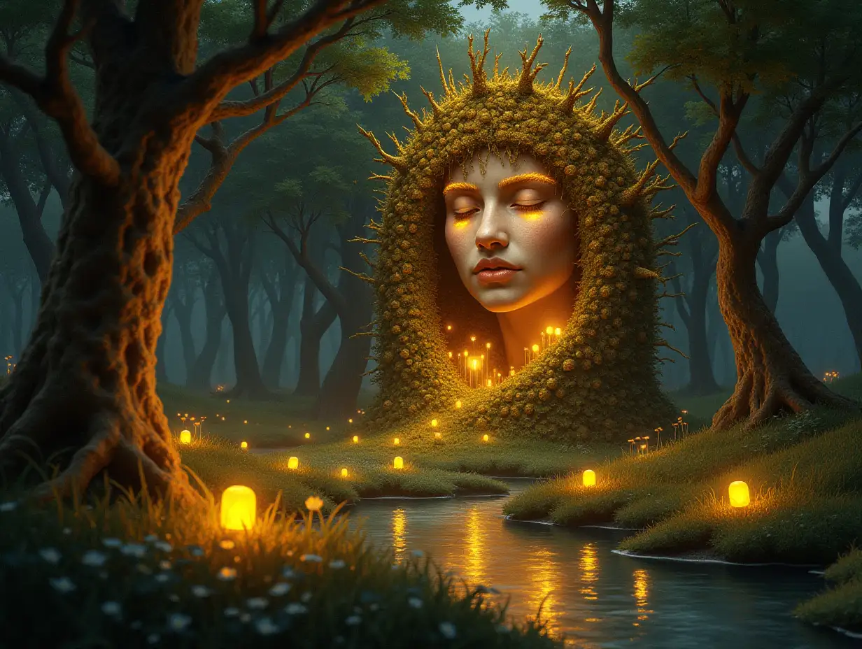 Creating a digital painting of a face with leuchtkugel hair, that turns into a building with gold stones and illuminated trees with golden roots and a river with floating leuchtkugels and lanterns and strange fairy creatures on a meadow