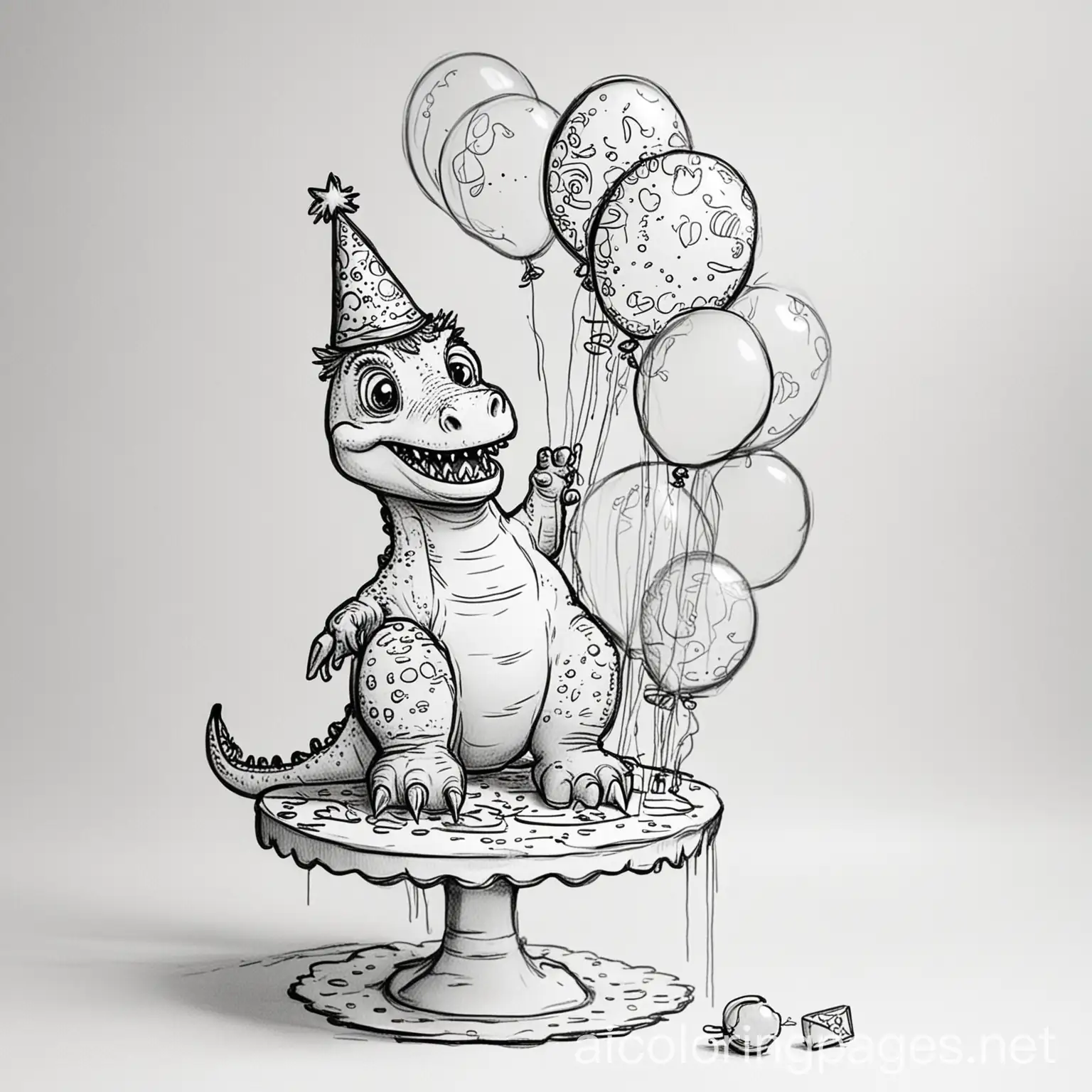 Dinosaur-Birthday-Party-Coloring-Page-with-Balloons-and-Cake