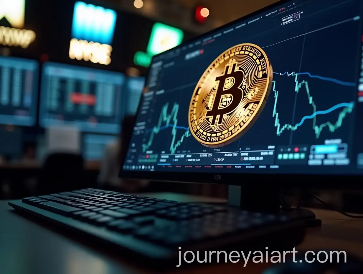 Bitcoin-Coin-on-Personal-Computer-Screen-with-Mechanical-Keyboard-in-NYSE-Setting