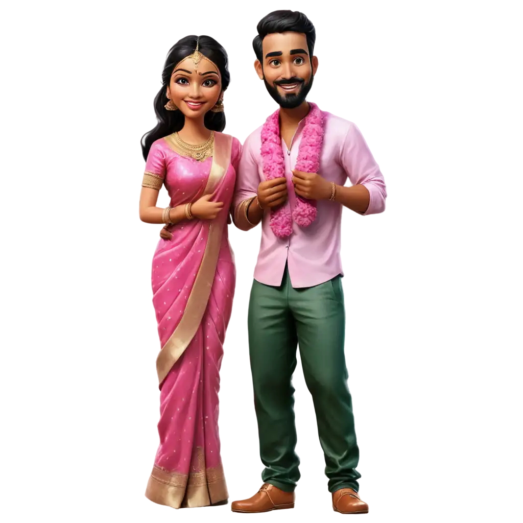 Stunning-South-Indian-Wedding-PNG-Bride-in-Sari-and-Groom-in-Lungi-Caricature