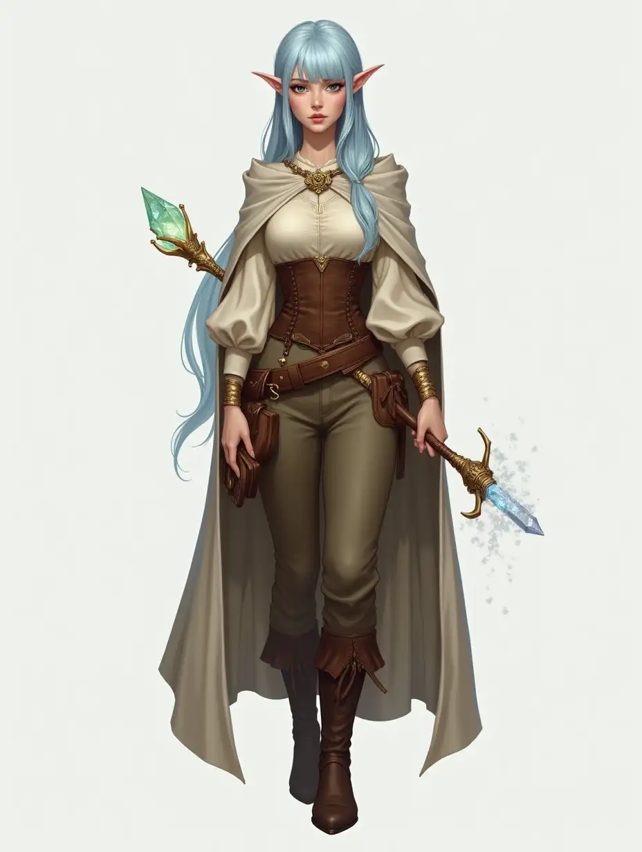 Full-body female elf character design, fantasy artstyle. Mid-20s, average height, slim but slightly curvy build, pale skin with faint shimmer. Long, light blue loosely tied hair with bangs and side bangs. Silver eyes, calm expression with a tired gaze. Oval face, high cheekbones, sharp jawline, delicate features. Outfit: cream blouse under a brown corset, earthy-toned trousers, sturdy boots, and a cloak. Holding a glowing ornate staff with a crystal tip in the right hand and a spellbook in the left hand. Confident, proper posture. Soft even lighting, solid dull white/grey background. Intricate details, sharp focus, painterly textures, mystical atmosphere.