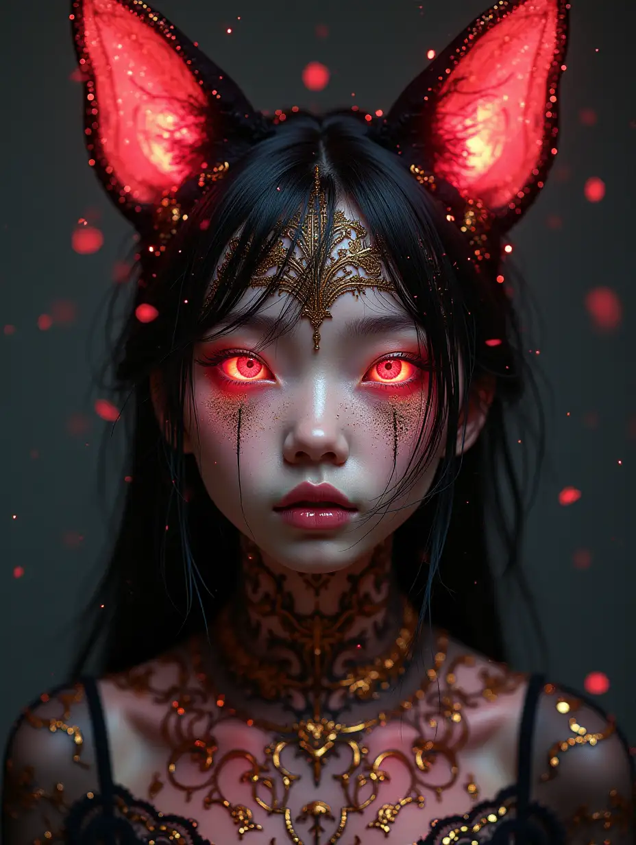 photo RAW, (Black and pink : Portrait of a ghostly girl with fox ears, shiny aura, highly detailed, gold filigree, intricate motifs, organic tracery, by Android jones, Januz Miralles, Hikari Shimoda, glowing stardust by W. Zelmer, perfect composition, smooth, sharp focus, sparkling particles,  Realistic, realism, hd, 35mm photograph, 8k), masterpiece, award winning photography, natural light, perfect composition, high detail, hyper realistic