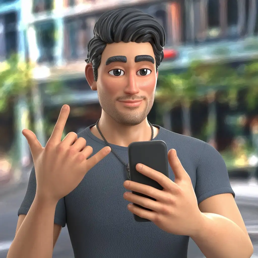 a handsome man looking at a smartphone and showing a thumbs-up gesture, big thumb and pinky 3d